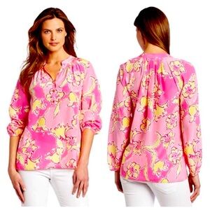 Lilly Pulitzer Elsa Silk Blouse In Yellow Day Lilly Print Pink Yellow Size M